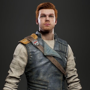 Könnte beinhalten: Ein digitales Rendering eines Charakters aus Star Wars: Jedi Survivor. Der Charakter hat rotes Haar und trägt eine Lederweste über einem beigefarbenen Hemd. Die Weste hat einen braunen Riemen über der Brust und ein gelbes Schulterpolster. Das Logo des Spiels ist unten sichtbar.