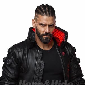 Samurai zwart leren jack met rode led-kraag - HANDGEMAAKT