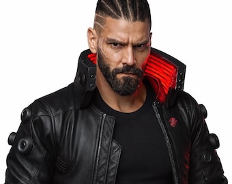 Giacca in pelle nera da samurai con colletto LED rosso - FATTO A MANO