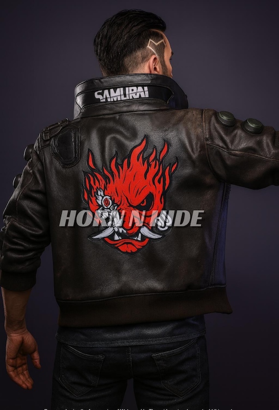Samurai V Leather Bomber Jacket: LED Collar, Handmade Cosplay for