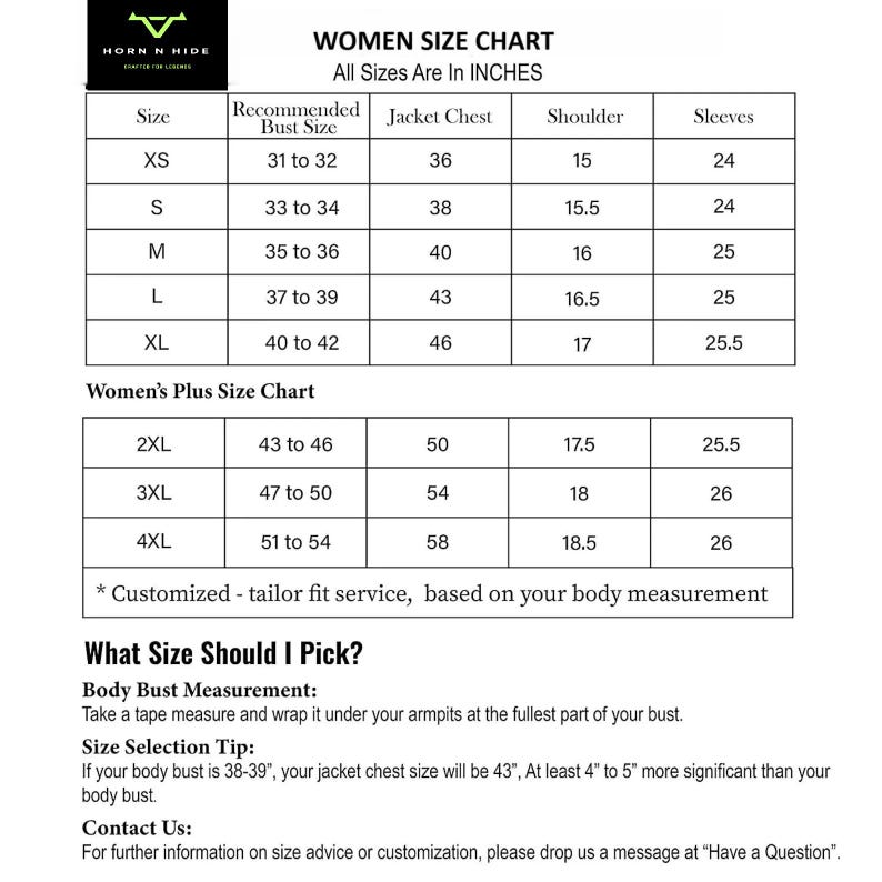 Pu&ograve; includere: Una tabella delle taglie da donna in pollici, con misure di petto, spalle e maniche. Include taglie dalla XS alla 4XL, oltre a una tabella taglie forti e istruzioni per la misurazione del busto. Da Horn N Hide.