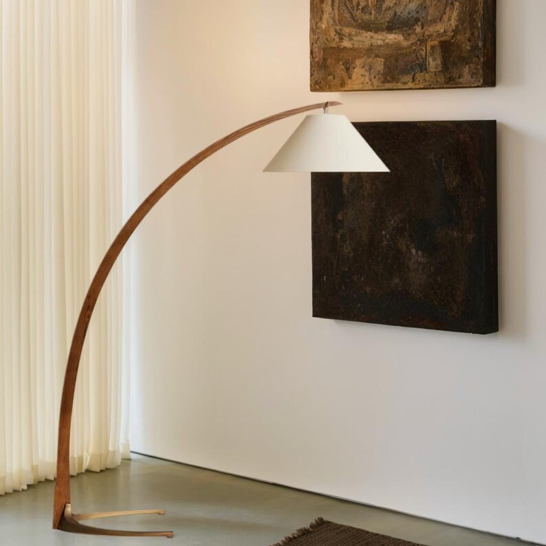 Lámpara de pie vintage de nogal de 190 cm con pantalla de tela blanca - Iluminación para sala de estar