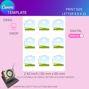 Puede incluir: Una plantilla de Canva con un fondo degradado rosa y morado. La plantilla incluye nueve pequeñas imágenes de paisaje con un diseño de cielo y colina verde. El texto incluye "PRINT SIZE LETTER 8.5 X 11", "DIGITAL DOWNLOAD" y "2 X2 Inch | 50 mm x 50 mm".