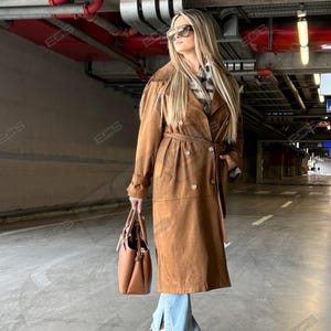 Women Genuine Suede Overcoat Brown Suede Long Coat Trench Coat Bohemian Coat 1970s Vintage Coat Double Breasted Leather Coat Streetwear Coat