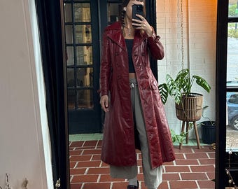 Vintage Oxblood Leather Trench Coat | 70s Belted Maxi Overcoat