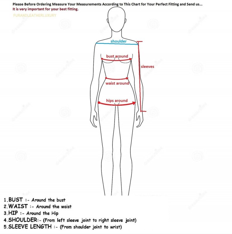 May include: A diagram showing body measurements for clothing. The image depicts a line drawing of a person with labels indicating bust, waist, hips, shoulder, and sleeve length. Text at the top advises measuring measurements for a perfect fit.