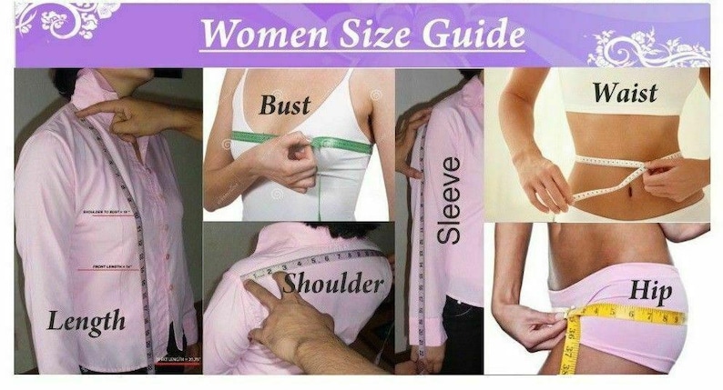 May include: A women's size guide showing how to measure bust, waist, hip, sleeve, and shoulder. The image shows how to measure the length of a shirt and the front length. The text "Women Size Guide" is at the top.