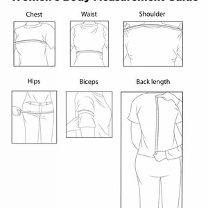 May include: A black and white diagram titled "Women's Body Measurement Guide". The diagram illustrates how to measure chest, waist, shoulder, hips, biceps, and back length. Each measurement is shown with a person wearing a t-shirt.