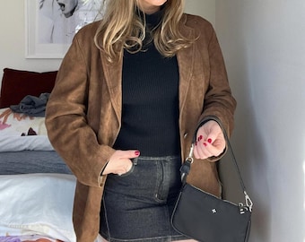 Vintage 90s Brown Suede Blazer, Oversized Fit, Minimalist Outerwear