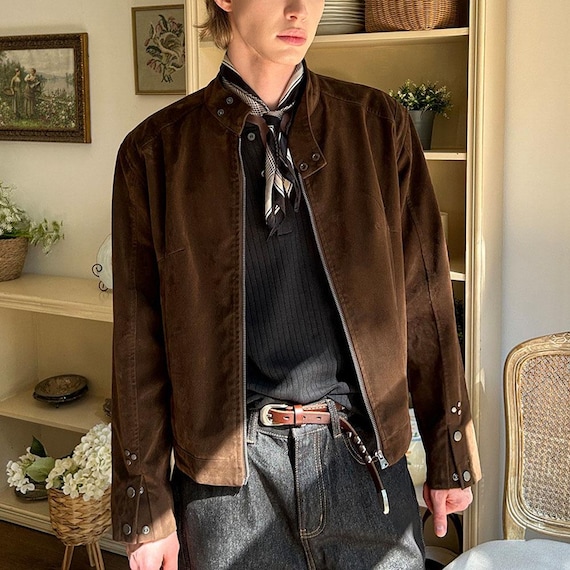 leather shacket dress Genuine Suede Brown/Black Handmade Unisex Jacket Zipper Biker Western Jacket w-cas-sandal