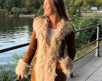 Penny Lane Suede Coat: Mongolian Shearling Trim, 1970s Afghan Style