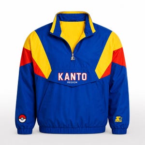 Peut inclure: Veste Starter Kanto Region bleue, jaune et rouge avec une fermeture à demi-zip. Le texte "KANTO REGION" est sur la poitrine et un logo Pokémon sur la manche gauche. Le logo Starter est sur la manche droite.