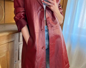 Women’s Red Genuine Leather Coat | Long Blazer Jacket | Burgundy Real Leather Car Coat