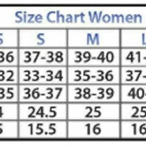 May include: A women's clothing size chart, with measurements in inches. The chart displays sizes from XXS to XXXL, detailing bust, waist, hips, sleeves, and shoulder measurements. The text is in black and blue.