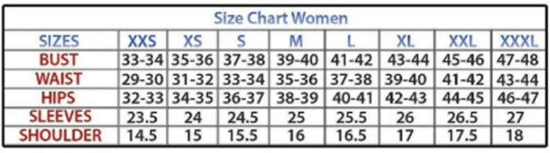 May include: A women's clothing size chart, with measurements in inches. The chart displays sizes from XXS to XXXL, detailing bust, waist, hips, sleeves, and shoulder measurements. The text is in black and blue.