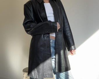 Women’s Black Genuine Leather Coat | Long Button Up Jacket | Real Leather Trench / Duster XXS–3XL, 90s Minimalist Style Gifts For Womens