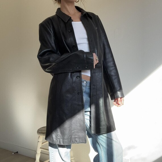 Women's Black Genuine Leather Coat | Long Button up Jacket | Real