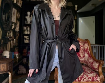 Women’s Sheepskin Leather Coat | Black Belted Trench Jacket | Vintage Style Real Leather Coat | 90s Minimalist Fall Winter Outerwear