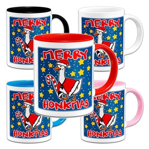 May include: Five ceramic mugs featuring a white goose wearing a Santa hat and red cape, holding a candy cane. The background is dark blue with yellow stars and the red text MERRY HONKMAS. The mugs have different coloured handles and interiors.