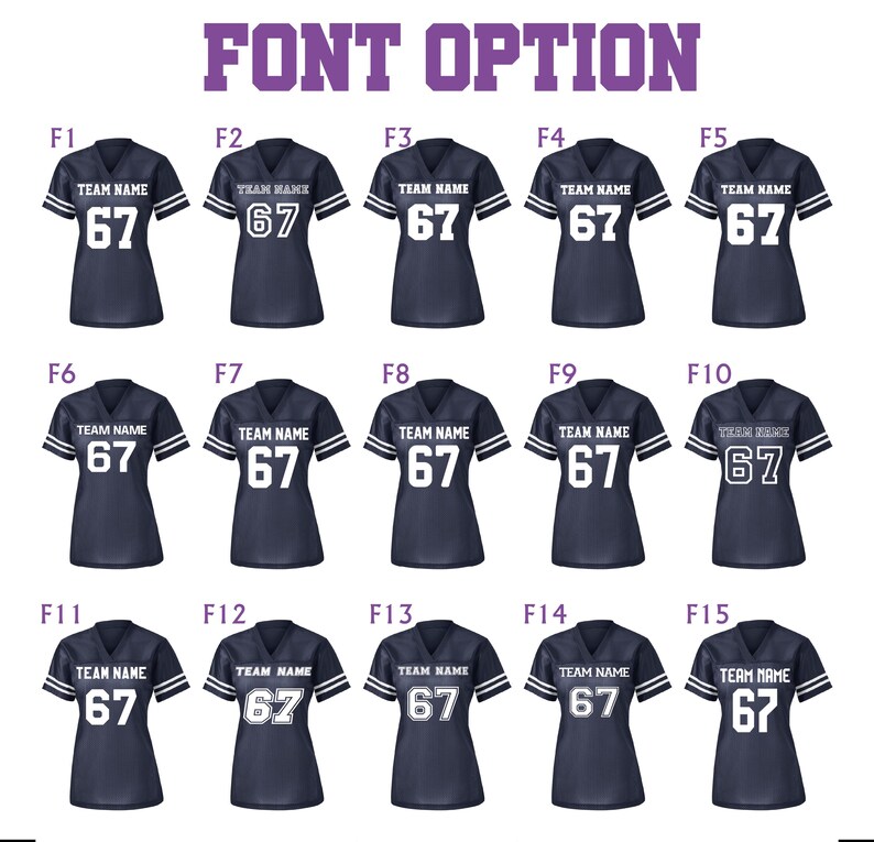 Może przedstawiać: Grafika przedstawiająca 15 granatowych koszulek do futbolu z białymi akcentami. Każda koszulka wyświetla numer 67 i słowa "TEAM NAME". Tekst "FONT OPTION" znajduje się u g&oacute;ry na fioletowo.