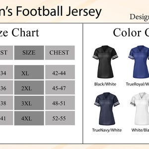 Może przedstawiać: Zdjęcie damskiej koszulki do futbolu z tabelą rozmiar&oacute;w i kolor&oacute;w. Tabela rozmiar&oacute;w pokazuje obwody klatki piersiowej od 81-140 cm. Tabela kolor&oacute;w przedstawia koszulki w kolorze czarnym, niebieskim, czerwonym, granatowym, białym i r&oacute;żowym.