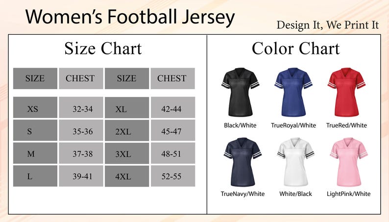 Może przedstawiać: Zdjęcie damskiej koszulki do futbolu z tabelą rozmiar&oacute;w i kolor&oacute;w. Tabela rozmiar&oacute;w pokazuje obwody klatki piersiowej od 81-140 cm. Tabela kolor&oacute;w przedstawia koszulki w kolorze czarnym, niebieskim, czerwonym, granatowym, białym i r&oacute;żowym.