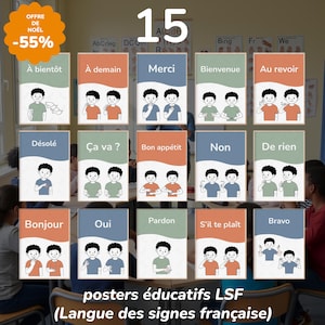 May include: Fifteen educational posters in French sign language. Each poster shows a different phrase with an illustration of two cartoon figures demonstrating the sign. The posters are displayed in a classroom.