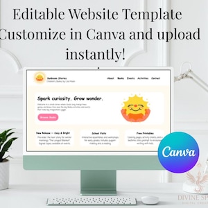 Pode incluir: Um computador mostra um modelo de site com o texto "Editable Website Template Customize in Canva and upload instantly!". O site apresenta um sol e o logotipo Canva.