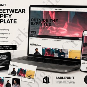 Puede incluir: Una plantilla digital de Shopify para marcas de ropa urbana llamada SABLE/UNIT, mostrada en la pantalla de una computadora portátil y un teléfono inteligente. La interfaz incluye el texto OUTSIDE THE EXPECTED, NEW RELEASE e imágenes.