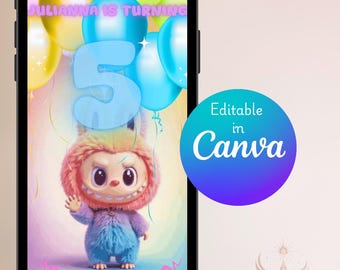 LABUBU PASTEL bewerkbare video-verjaardagsuitnodiging | Sjabloon digitale Canva-evite | Uitnodiging voor feest direct downloaden