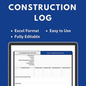 Modello di registro giornaliero dei lavori di costruzione: Excel modificabile e modulo stampabile (download digitale)