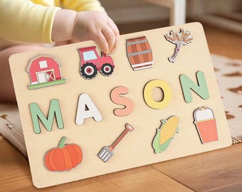 Puzzle in legno personalizzato con nome, giocattoli da fattoria Montessori, regalo per neonati