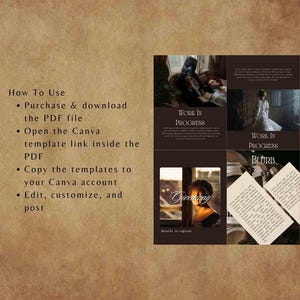 K&ouml;nnte beinhalten: Eine digitale Vorlage im Vintage-Design. Das Layout enth&auml;lt Anweisungen, Beispielbilder und Textfelder. Die W&ouml;rter "How To Use", "Work In Progress", "Giveaway" und "Blurb" sind sichtbar.