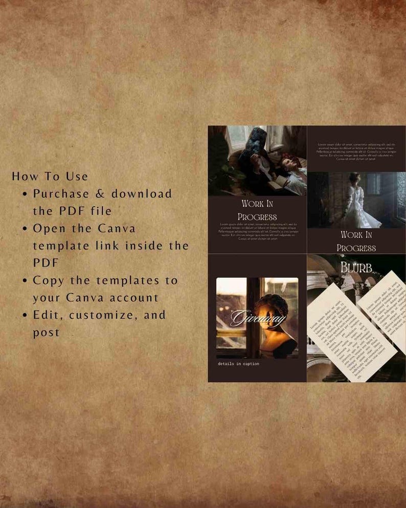 K&ouml;nnte beinhalten: Eine digitale Vorlage im Vintage-Design. Das Layout enth&auml;lt Anweisungen, Beispielbilder und Textfelder. Die W&ouml;rter "How To Use", "Work In Progress", "Giveaway" und "Blurb" sind sichtbar.