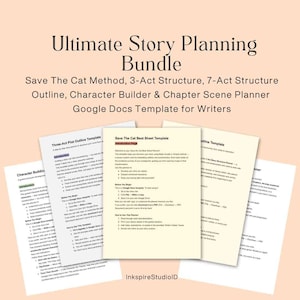 May include: A collection of story planning templates for writers. The image displays several sheets with text, including "Save The Cat Method," "3-Act Structure," and "Character Builder." The text "Google Docs Template for Writers" is also visible.