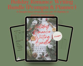 May include: A digital Holiday Romance Writing Bundle displayed on a tablet, featuring a festive design with text that reads "Holiday Romance Writing Bundle (Prompts & Planner)". The bundle includes 50 cozy Christmas prompts and a monthly writing planner.