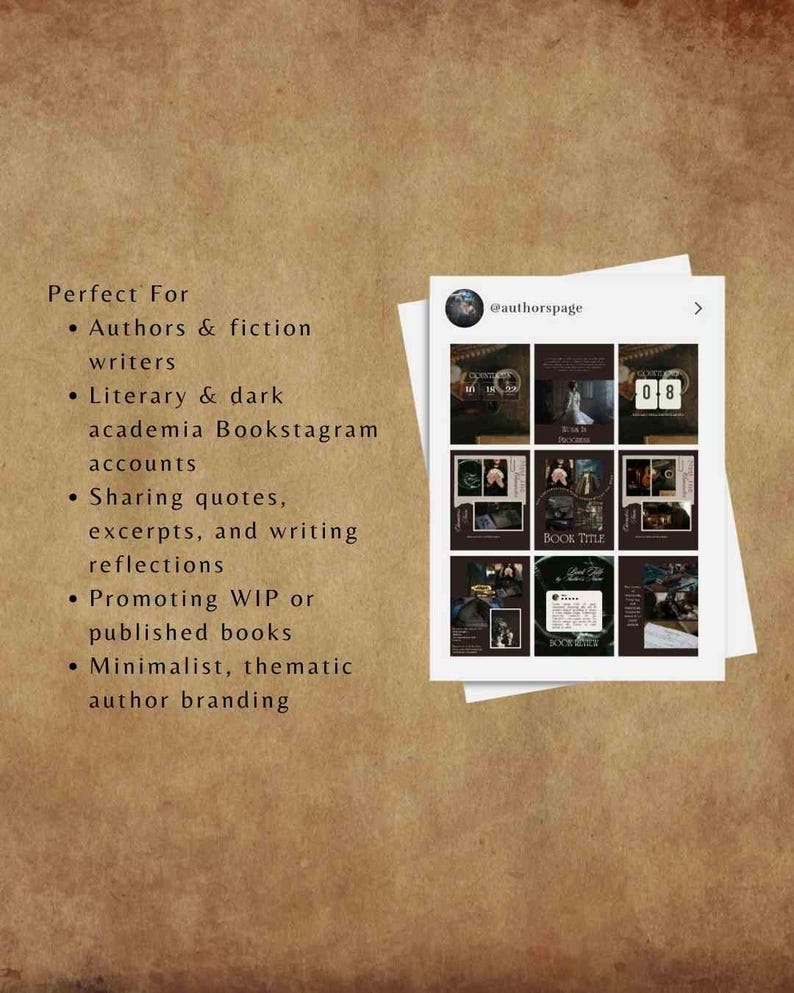 K&ouml;nnte beinhalten: Ein Stapel wei&szlig;er Papiere mit einem Social-Media-Beitrag zum Thema Dark Academia. Der Beitrag enth&auml;lt Bilder mit Text und ein Profilbild. Auf der linken Seite steht "Perfect For" und listet Elemente wie "Autoren & Fiction-Autoren" auf.