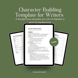 Könnte beinhalten: Drei Tablets zeigen eine Vorlage zur Charakterentwicklung für Autoren. Der Text lautet "Character Building Template for Writers" und "A Google Docs template you can fill digitally or print for handwriting." Die Vorlage hat 11 Seiten.