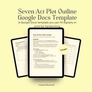 Könnte beinhalten: Drei schwarze Tablets, die eine "Seven-Act Plot Outline Google Docs Template" anzeigen. Die Vorlage ist für die digitale Nutzung oder Handschrift konzipiert. Das Haupt-Tablet zeigt die Einführung und Anweisungen der Vorlage. Das Bild enthält den Text "13 Seiten."