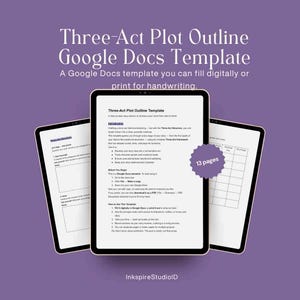 Könnte beinhalten: Drei digitale Tablets, die eine Schreibvorlage auf lila Hintergrund anzeigen. Die Vorlage trägt den Titel "Three-Act Plot Outline Google Docs Template" und enthält Anweisungen und einen Plot-Umriss. Das Bild enthält auch den Text "13 Seiten."