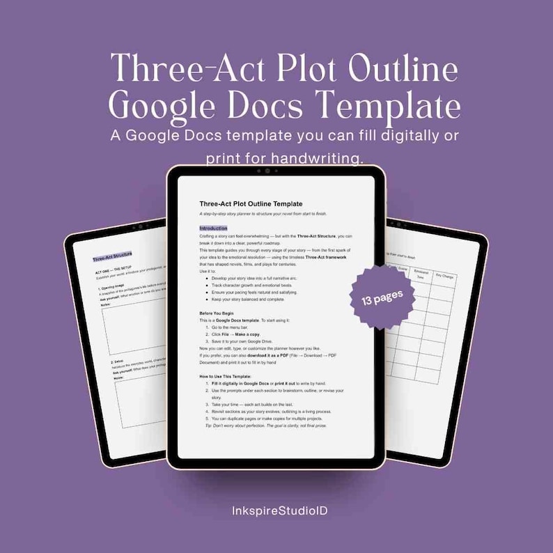 Three Act Story Outline Template | Google Docs Plot Planner for Writers ...