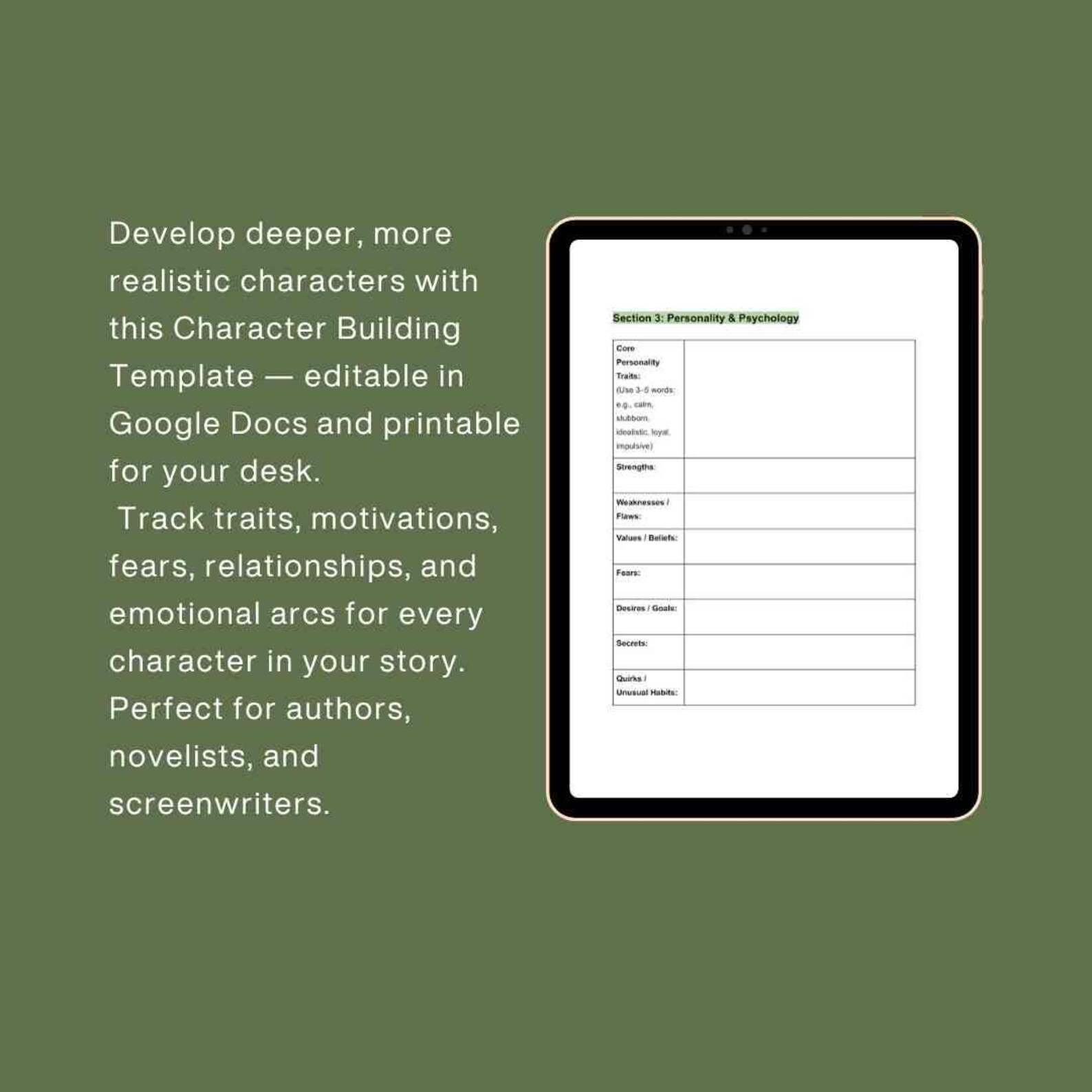 Character Development Template for Writers | Editable Google Docs ...