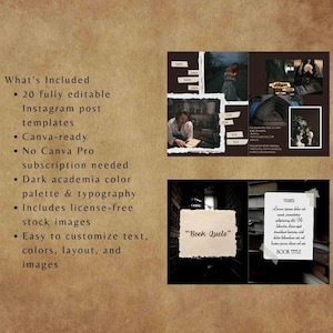 K&ouml;nnte beinhalten: Werbung f&uuml;r ein digitales Produkt im Dark-Academia-Stil. Das Bild enth&auml;lt eine Collage aus Fotos, Text und eine Liste von Funktionen, wie z. B. 20 Instagram-Post-Vorlagen, Canva-f&auml;higes Design und lizenzfreie Stockbilder. Der Text enth&auml;lt die W&ouml;rter "Book Quote" und "Teaser".