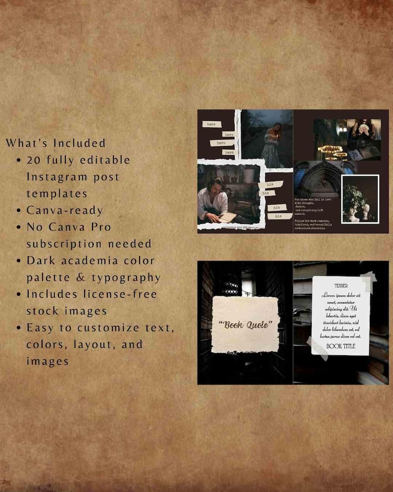 K&ouml;nnte beinhalten: Werbung f&uuml;r ein digitales Produkt im Dark-Academia-Stil. Das Bild enth&auml;lt eine Collage aus Fotos, Text und eine Liste von Funktionen, wie z. B. 20 Instagram-Post-Vorlagen, Canva-f&auml;higes Design und lizenzfreie Stockbilder. Der Text enth&auml;lt die W&ouml;rter "Book Quote" und "Teaser".