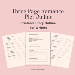 Peut inclure: Une maquette d'histoire imprimable pour les écrivains, intitulée "Three-Page Romance Plot Outline". La conception présente trois pages ouvertes avec des sections à remplir pour les éléments de l'histoire. Le texte est en marron foncé sur fond rose clair.