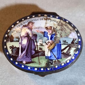 Antique Bilston Enamel Patch Box, Georgian Snuff Box c.1770, Pastoral Scene