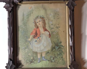 Antique Victorian Child Chromolithograph, Framed 19th Century Wall Art, Ornate Carved Wood Frame