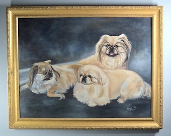 Original Pekingese Dog Painting, Large Framed Vintage Pet Portrait