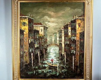 Large Dark Moody Venice Canal Painting Framed Vintage Wall Decor