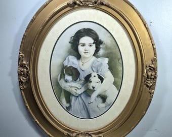 Antique Print 1901 Victorian Girl with Puppies, Large Oval Gilt Frame, Lucky Dogs